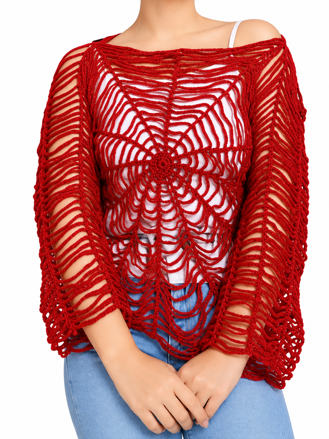Handmade Nepali Red Crochet Spiderweb Sweater